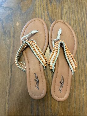 Lucky Brand Tan Sandals with Light Blue Braided Straps and Orange Beads